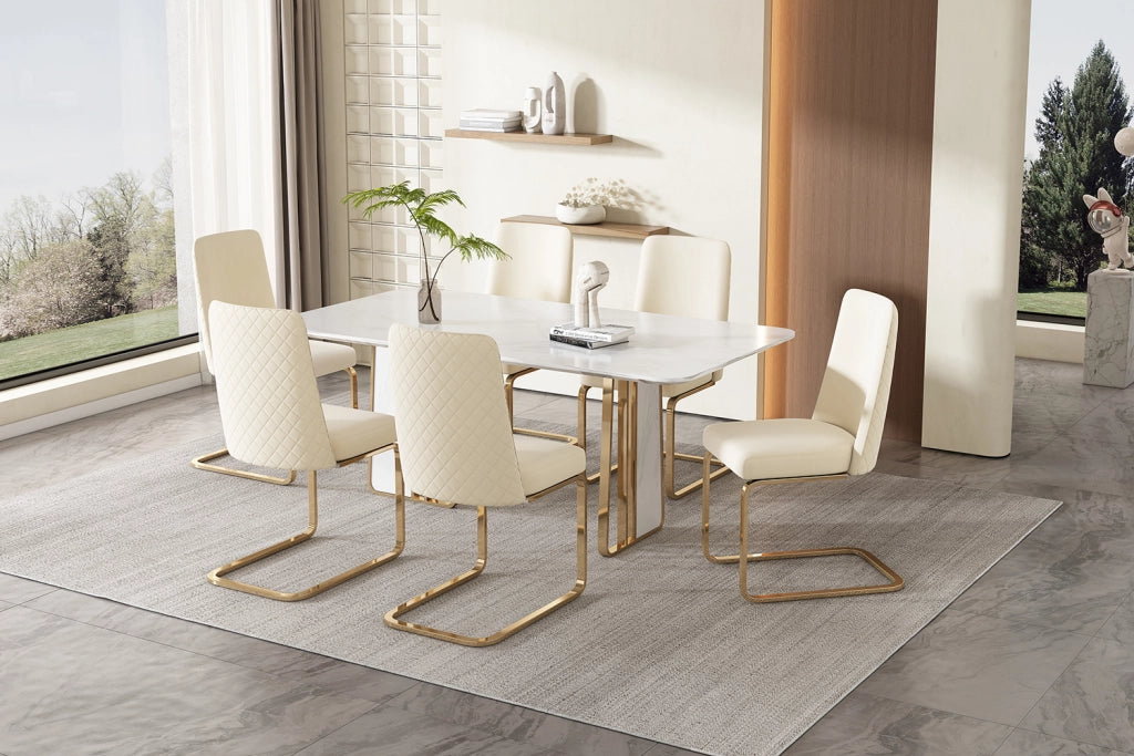 Sedia da pranzo set da 6 con schienale trapuntato a rombi e gambe in metallo per sala da pranzo moderno in velluto beige