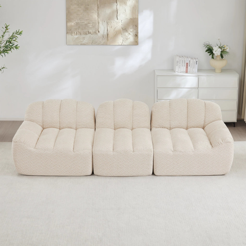 Divano modulare senza struttura con schiuma 32D e pouf in pile granulato beige bianco 288 × 104 × 79 cm