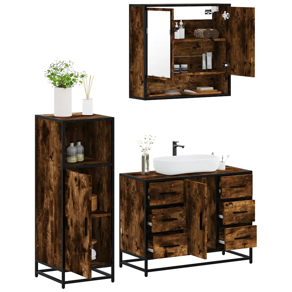Set Mobili da Bagno 3 pz Rovere Fumo in Legno Multistrato