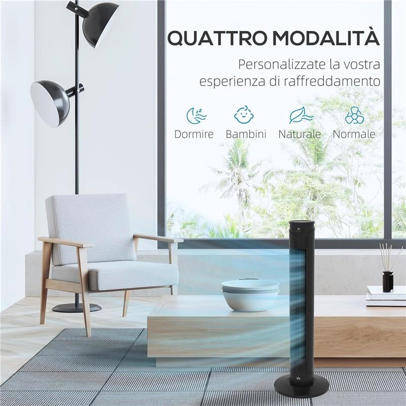 VENTILATORE A TORRE 45W A 4 MODALITÀ E 3 VELOCITÀ CON TIMER DA 12H, IN ABS, Ø31.5X93 CM, NERO