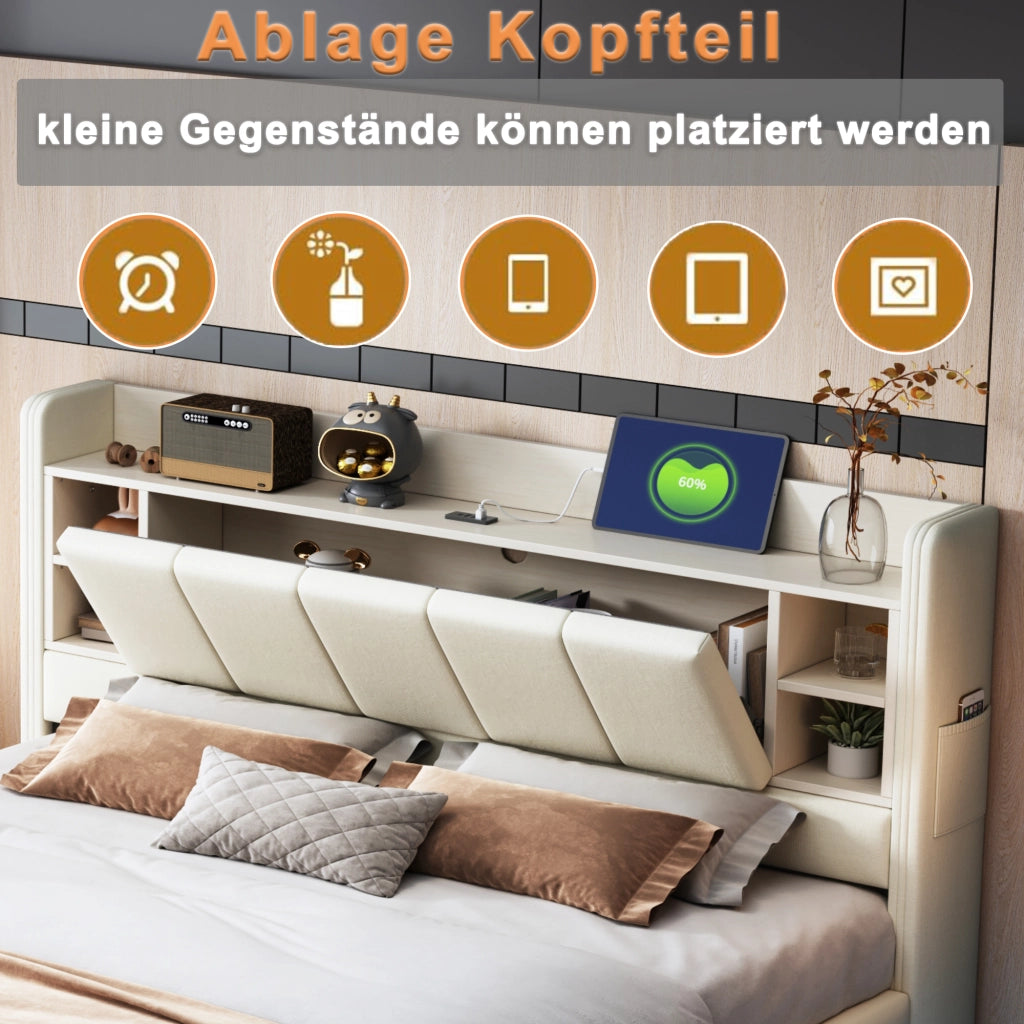 OKWISH Letto Imbottito 140×200 cm, Letto Matrimoniale con USB, LED Regolabile e Mensole, Testiera Reversibile, senza Materasso, Beige