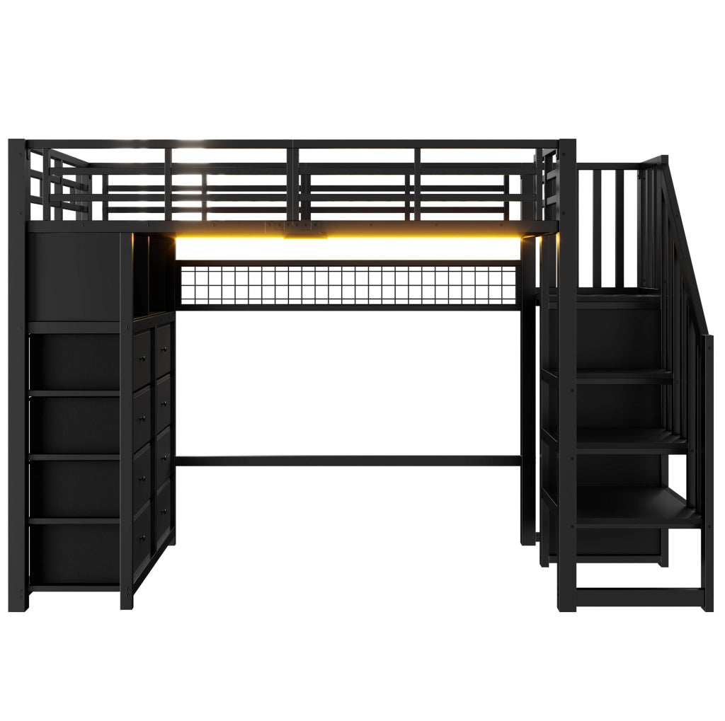 Letto a soppalco 90x200 cm con 8 cassetti, LED e scala con armadio nero