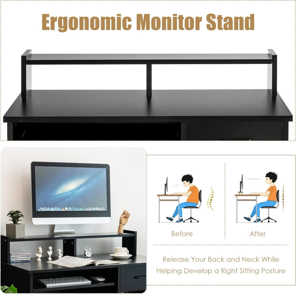 Scrivania per Computer, Tavolo da Lavoro con Supporto per Monitor, Tavolo da Ufficio Moderno con Cassetto e Ripiani, Scrivania per Computer con Spazio (Nero)