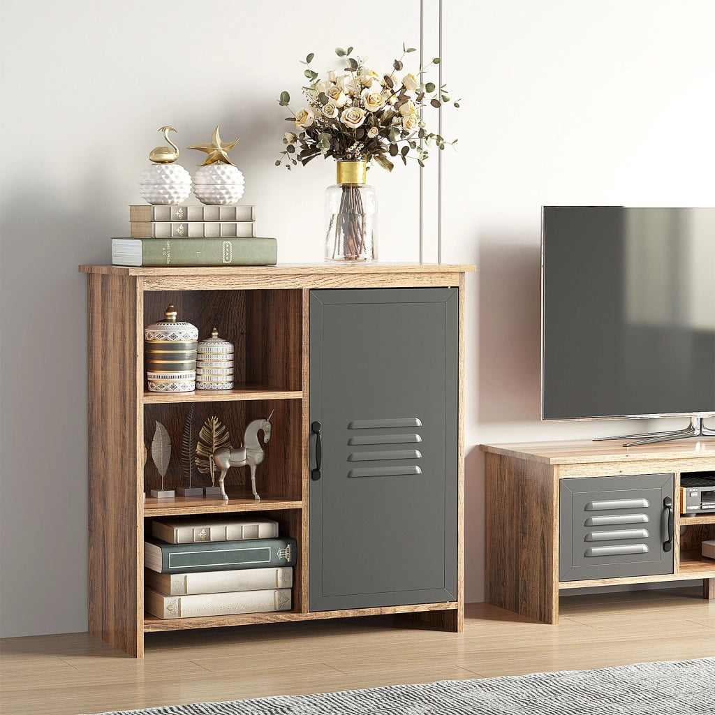 EasyComfort Mobiletto Multiuso con Ripiani e Armadietto in Legno con Anta in Metallo, Mobile per Soggiorno e Cucina, 80x35x82cm, Marrone Grigio