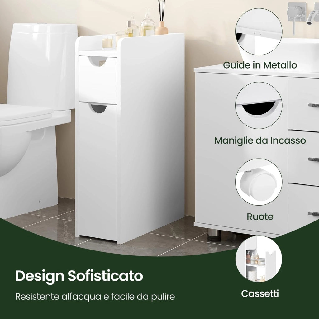 Mobile Bagno Stretto con 2 Cassetti, Mobiletto Compatto Salvaspazio, Armadietto Bagno Verticale, Multifunzionale con Ripiano Aperto, Bianco