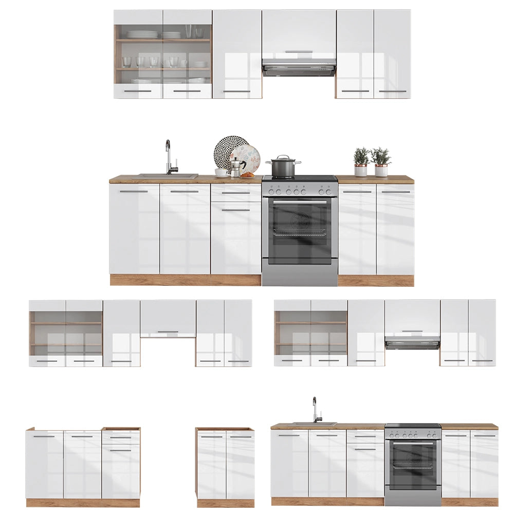Cucina componibile Fame-Line Bianco lucido/Rovere dorato 240 cm, PL Marmo Vicco
