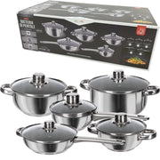 Trade Shop - Batteria Di Pentole In Acciaio Coperchi In Vetro Temperato 10 Pz Valvola Sfiato -