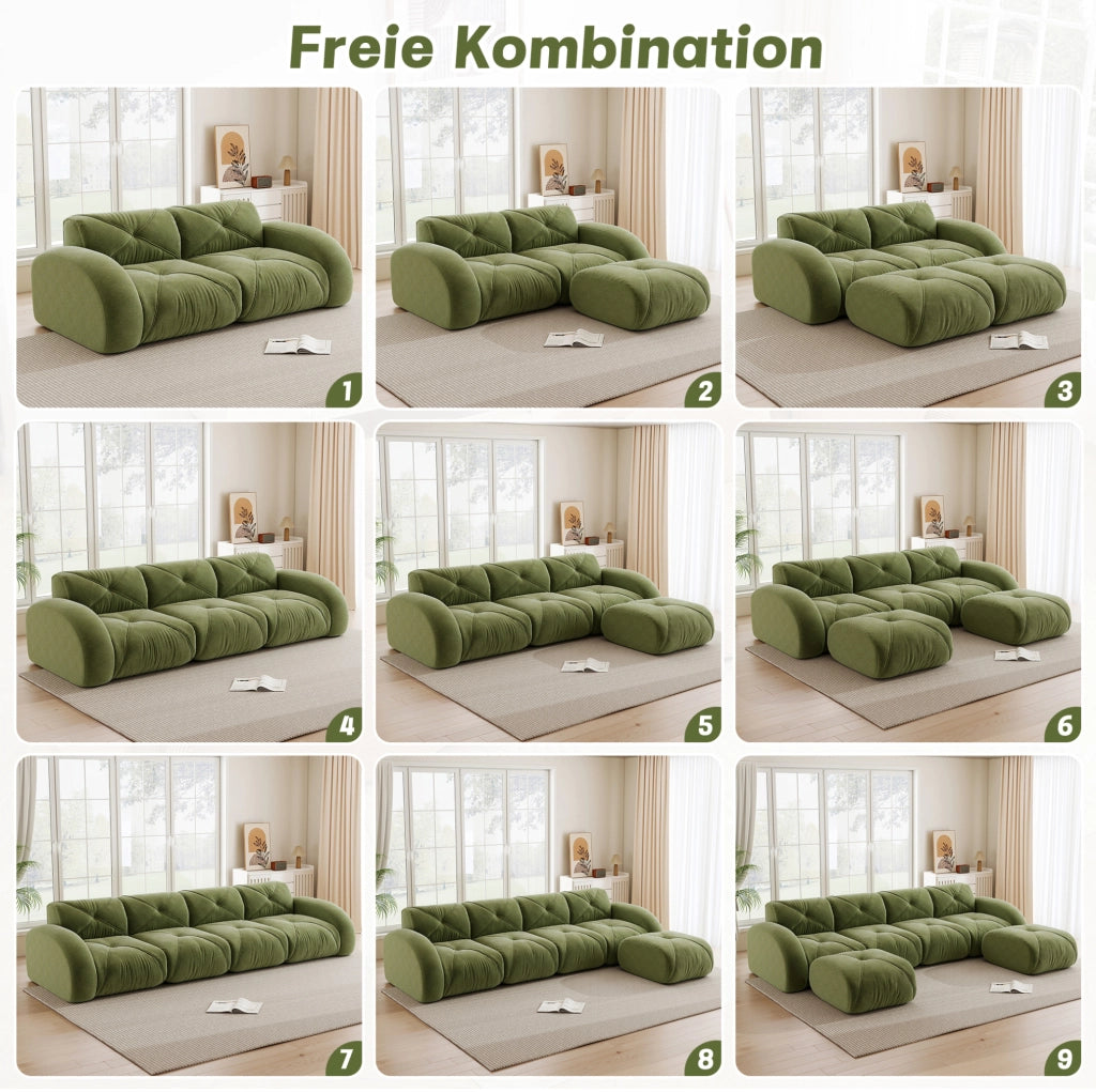 Divano modulare senza struttura 204x95x76 cm in chenille verde con imbottitura in schiuma 32D
