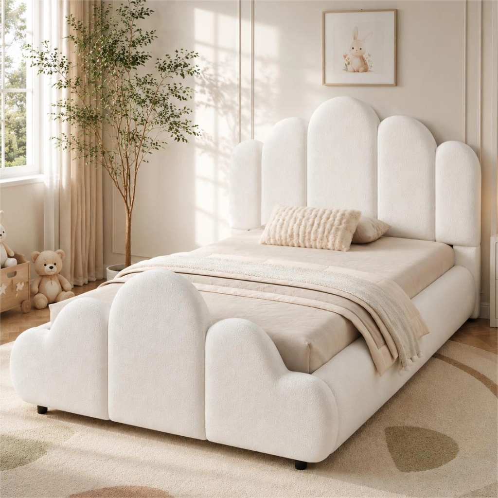 Letto singolo 90x200 cm in bouclé beige, con testiera imbottita, angoli arrotondati e rete inclusa