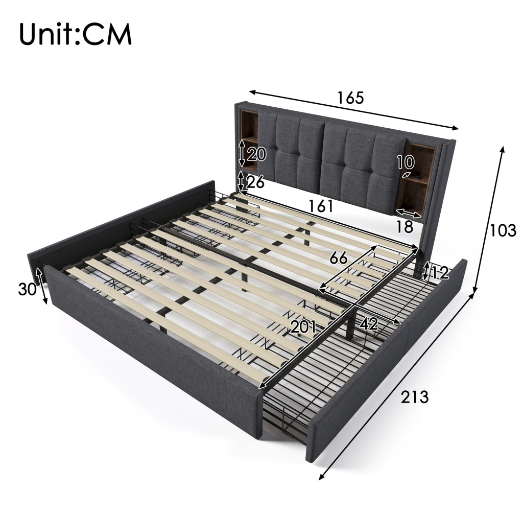 Letto matrimoniale 160x200 cm in lino grigio con ricarica wireless; USB e 4 cassetti