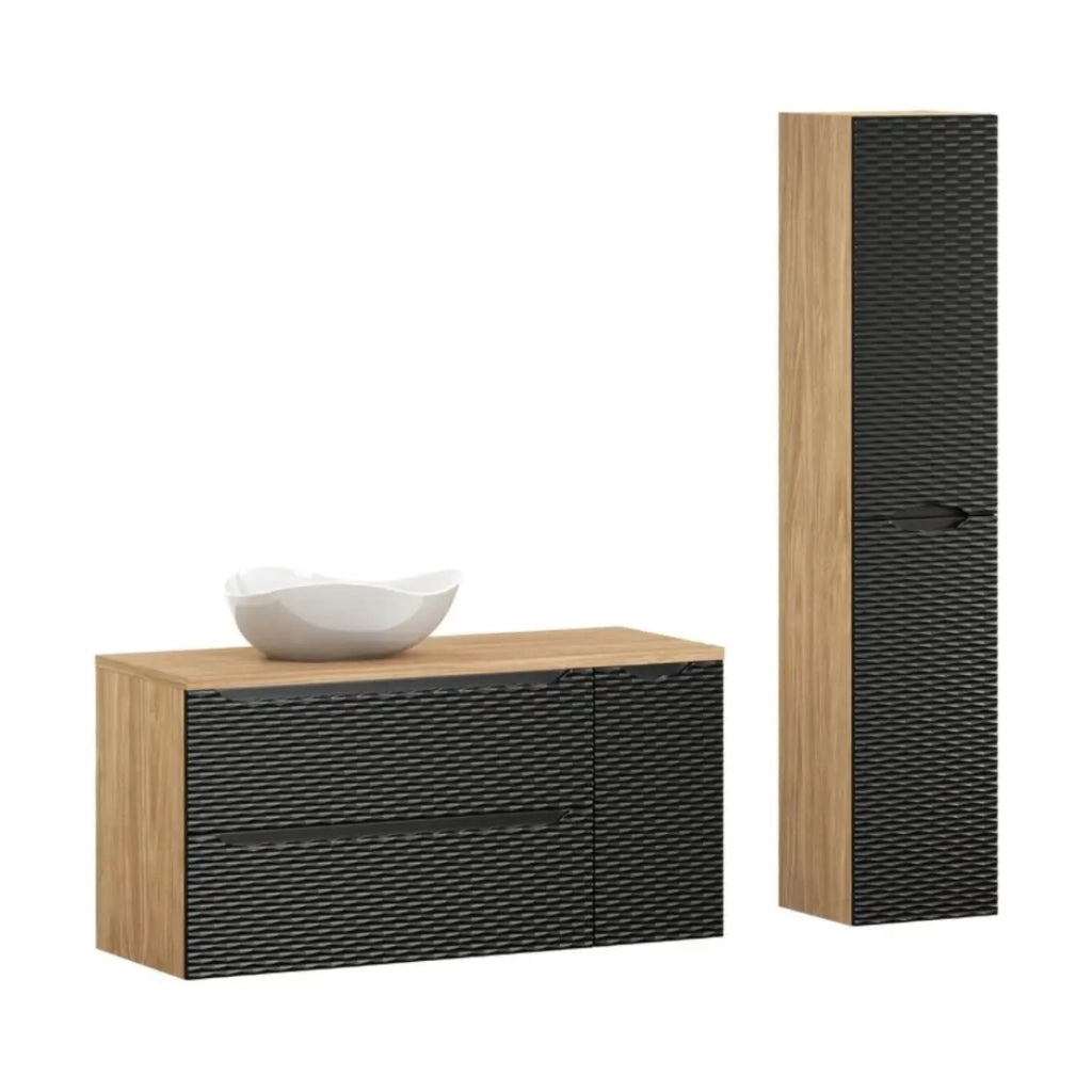 Set da bagno YOKA nero: mobili sotto lavabo + piano per lavabo + lavabo da appoggio + colonna contenitore