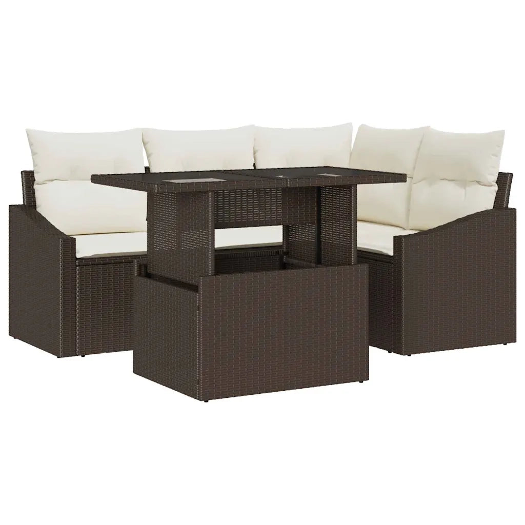 Set Divano da Giardino 5 pcs Marrone e Crema polyrattan