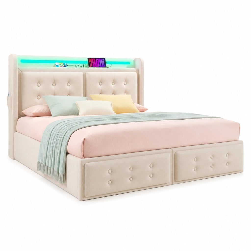 Letto 140x200 cm con LED; USB Type-C; 4 cassetti e rete a doghe; Beige