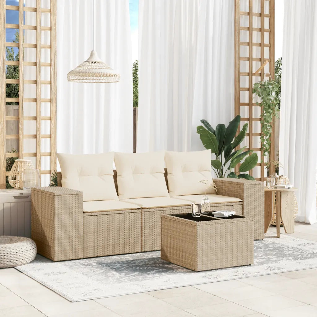 Set Divano da Giardino 4 pz | Set Salotto da Giardino con Cuscini Beige in Polyrattan