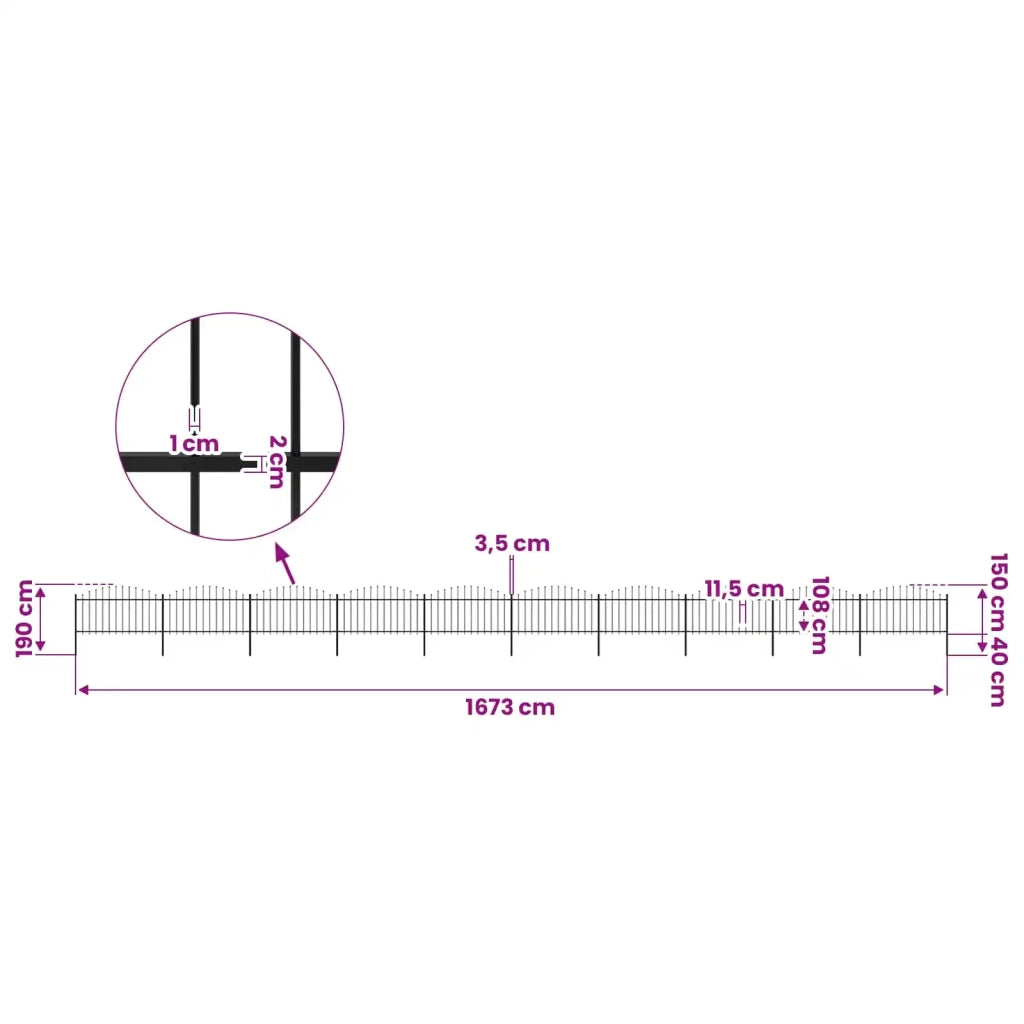 Recinzione da Giardino con Punta a Lancia in Acciaio 1673x150 cm Nero 277739
