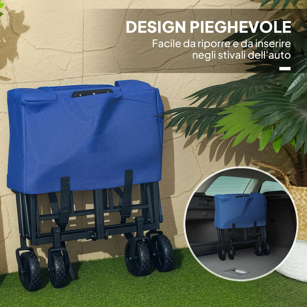 Carrello da Giardino 62L Pieghevole 76x48x86 cm con Maniglia Regolabile in Metallo e Tessuto Oxford Blu