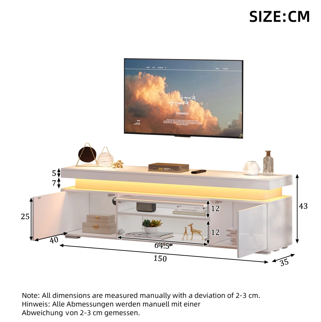 Mobile TV da terra 150 x 35 x 43 cm; 3 ante; LED e USB; bianco in truciolare