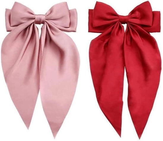 Clips per capelli con grande striatura - satinata - coda lunga - nastro francese - anni '90 - Clips per capelli - Adatto per donne - rosso + rosa - Set da 2.