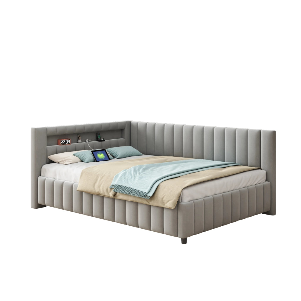 Letto divano imbottito 140 × 200 cm con luci LED, porta USB, schienale e testiera, senza materasso, grigio