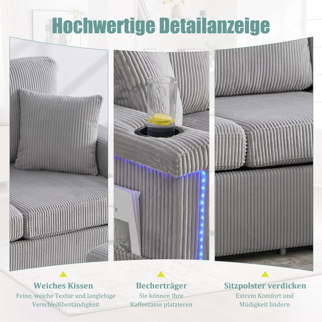 DIVANO Modulare con LED, USB/TypeC, contenitore, 194x73x81 cm, Grigio chiaro