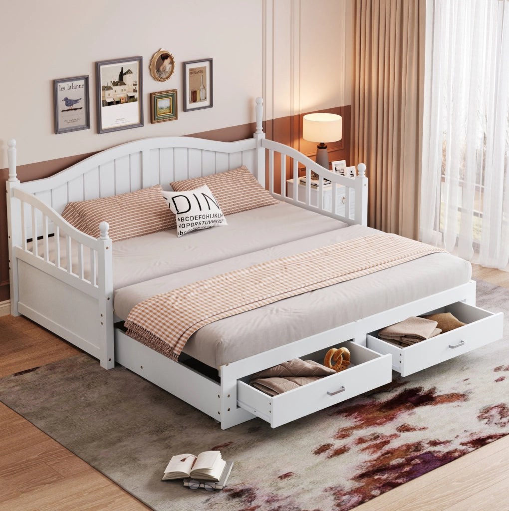 Divano letto estraibile 90x190 cm con cassetti e rete a doghe in legno bianco