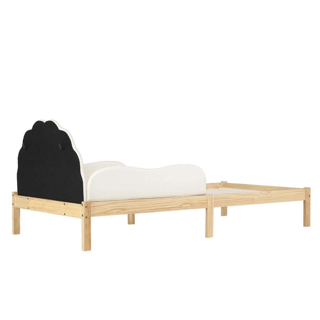 Letto per bambini 90x200 cm, testiera imbottita in PU, sponde laterali, colore legno naturale e beige