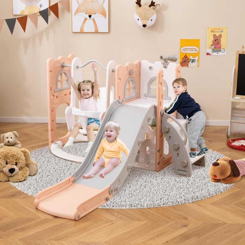 7 in 1 Parco Giochi per Bambini, Set di Scivolo e Altalena per Bambini con Canestro da Basket e Telescopio, 142 x 165 x 92 cm, 1-3 Anni (Rosa)