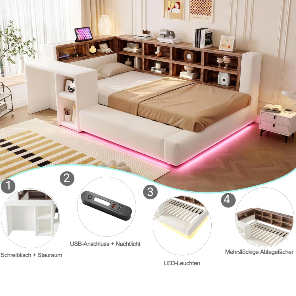 Letto imbottito con testiera a più livelli e LED, 90x200 cm, beige