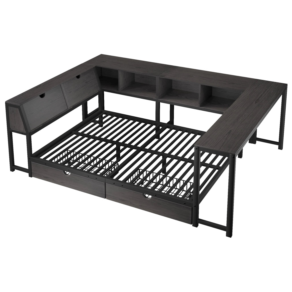 Letto multifunzione 140x200 cm in metallo e MDF con scrivania; LED e cassetti