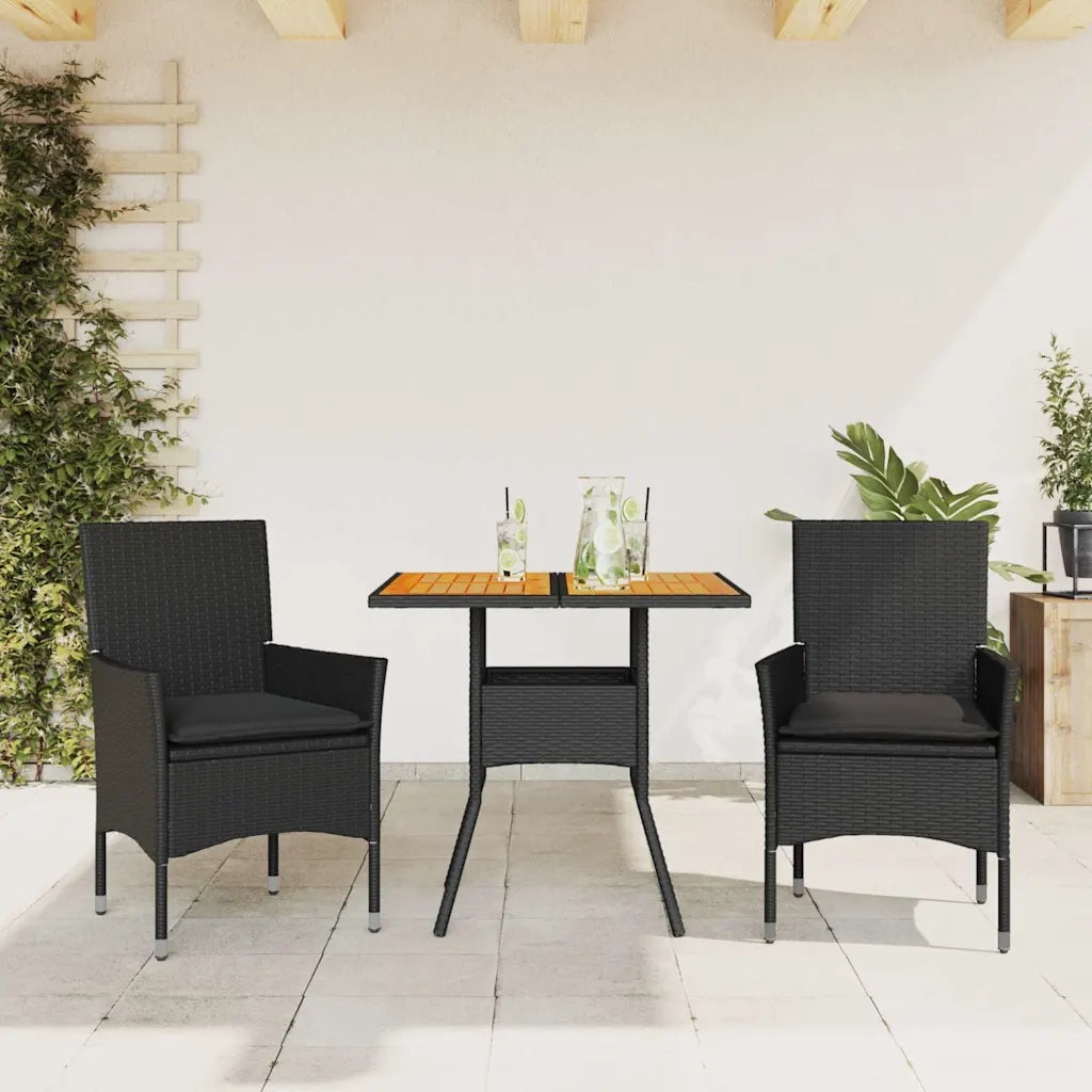 Set Pranzo da Giardino 3 pz | Set Salotto da Giardino con Cuscini Nero Polyrattan Acacia