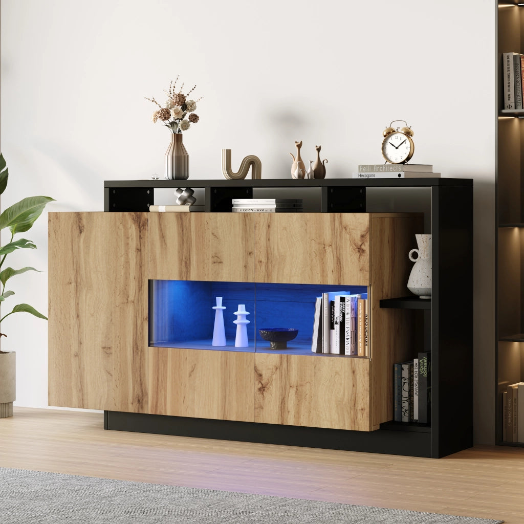 Credenza LED 140 x 44 x 94 cm in MDF effetto legno; con ripiani e controllo Bluetooth