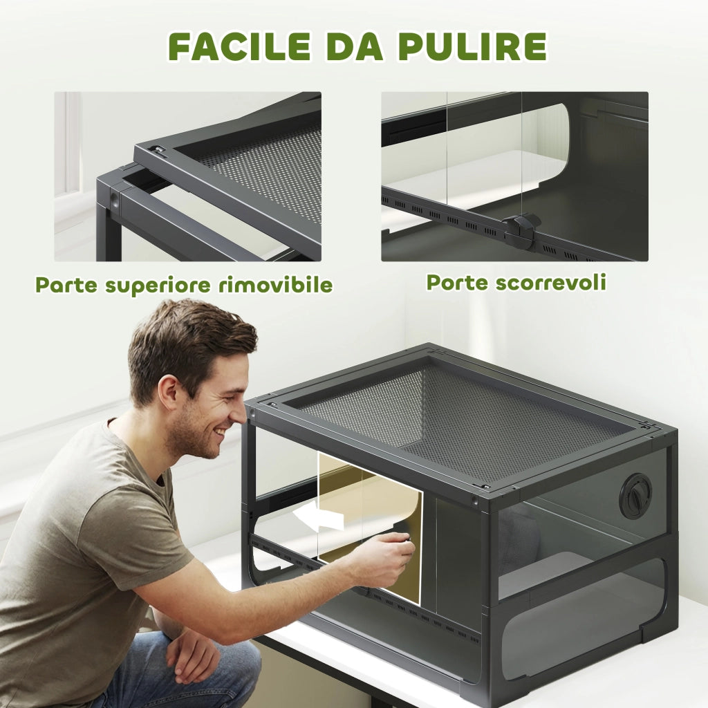 Rettilario Rialzato e Pieghevole 60x45x32 cm con Coperchio e Pareti in Vetro Temperato e Plastica Nero
