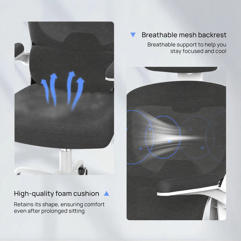 Sedia da ufficio ergonomica - Poltroncina HAMLODY - con braccioli pieghevoli a 90° - Supporto lombare - Regolabile in altezza Bianco