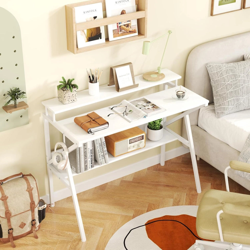 Scrivania per computer con supporto per monitor, mensola portaoggetti e gancio laterale, 100 x 48 x 81,5 cm, tavolo da lavoro moderno per ufficio, camera da letto