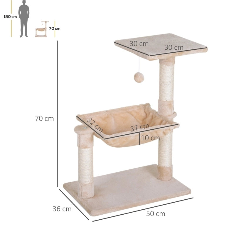 Tiragraffi per gatti beige con amaca e piattaforma, 70 cm