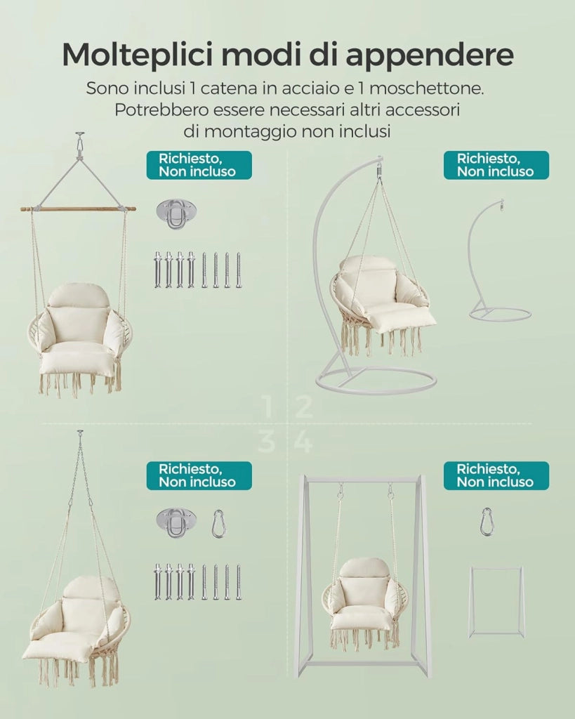 SONGMICS Sedia Altalena, Sedia Amaca, Cuscino Ben Imbottito, Sedia Sospesa Boho, Camera da Letto Balcone Giardino Soggiorno, Regge 120 kg, Accessori Inclusi, Bianco Crema GDC042M01