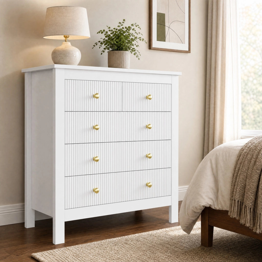 Credenza con 5 cassetti; superfici testurizzate e maniglie dorate; bianco 79 x 80;5 x 39;5 cm