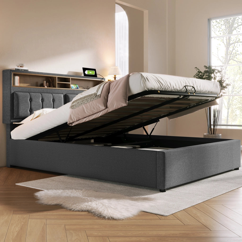 LETTO Contenitore 140x200 cm in lino grigio con testiera regolabile e prese USB