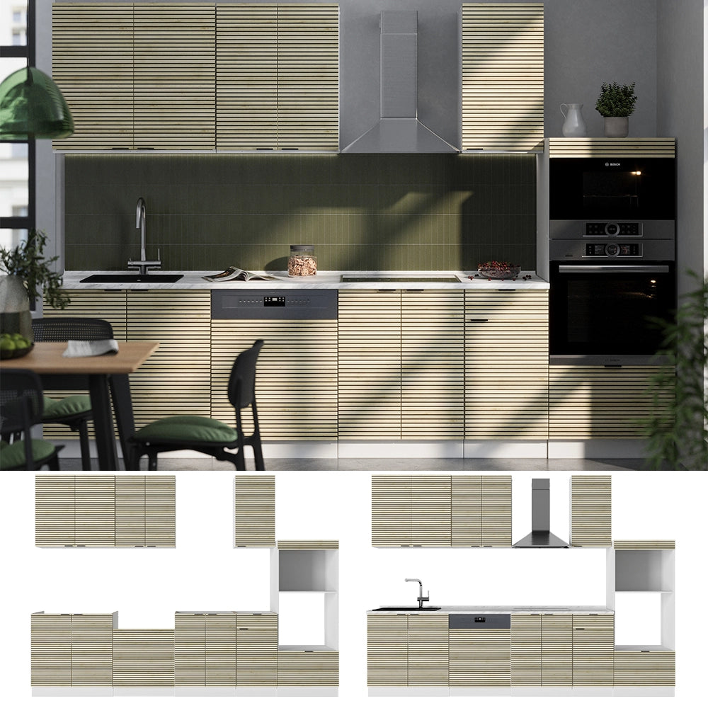 Cucina componibile Fame-Line Pannello in quercia/Bianco 300 cm con armadio alto, PL Marmo Vicco