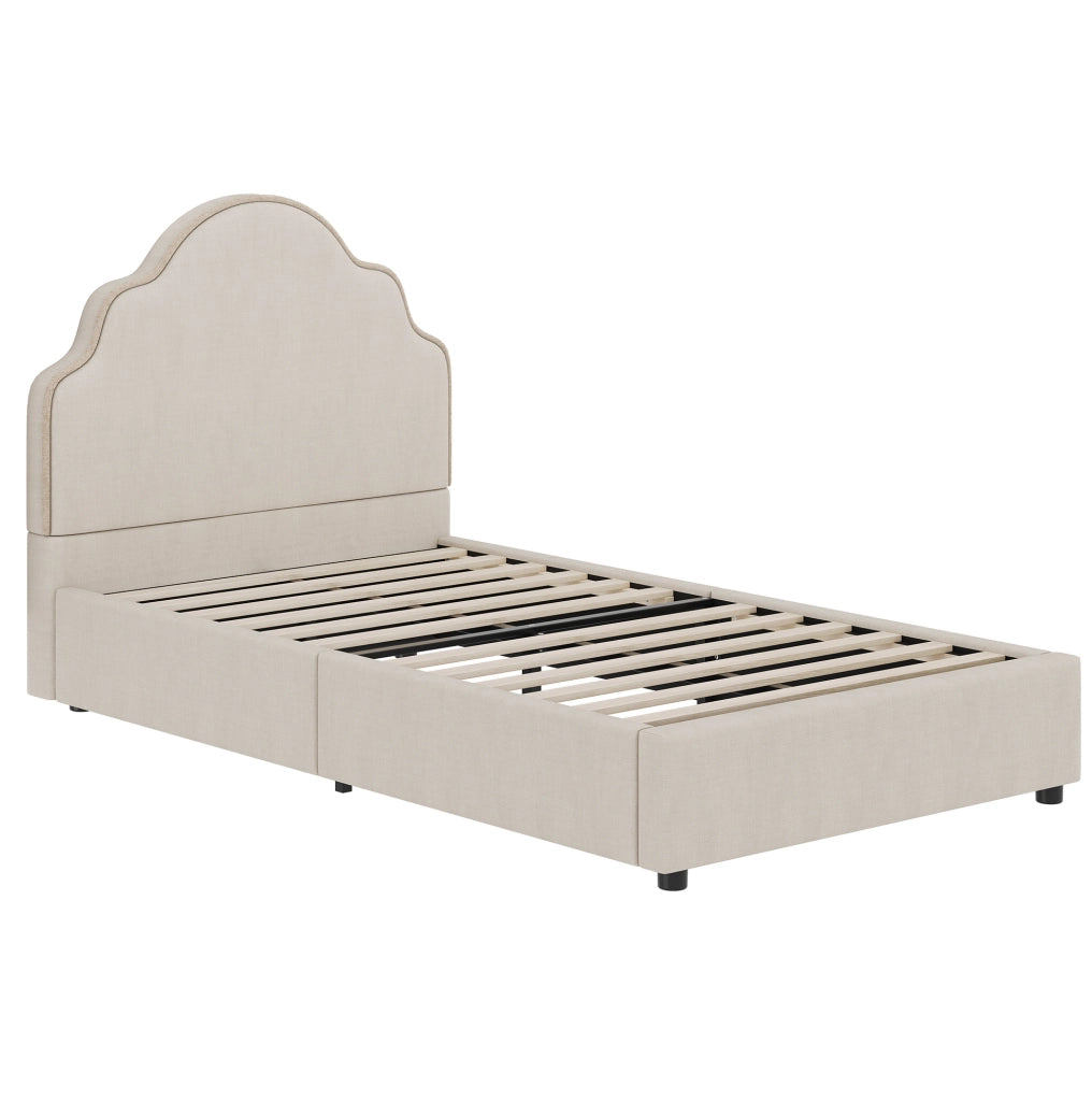 Letto imbottito 90x200 cm con testiera arrotondata in lino beige