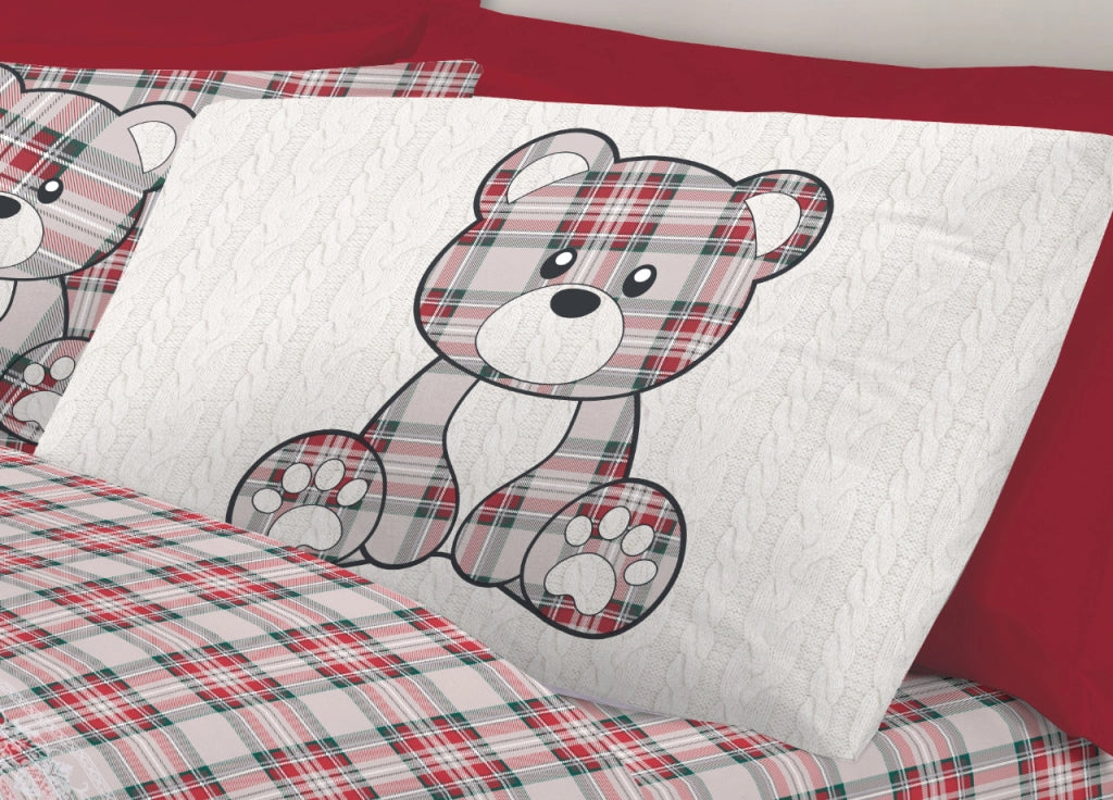 Completo Lenzuola Flanella Pensieri Delicati 100% Cotone Disegno Orsetto Tartan - Piazza E Mezza - Rosso