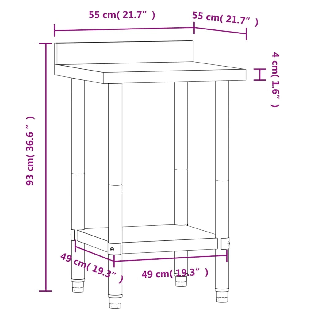 Tavolo da lavoro professionale da cucina con alzatina 55 x 55 x 93 cm acciaio inox 02_0045409