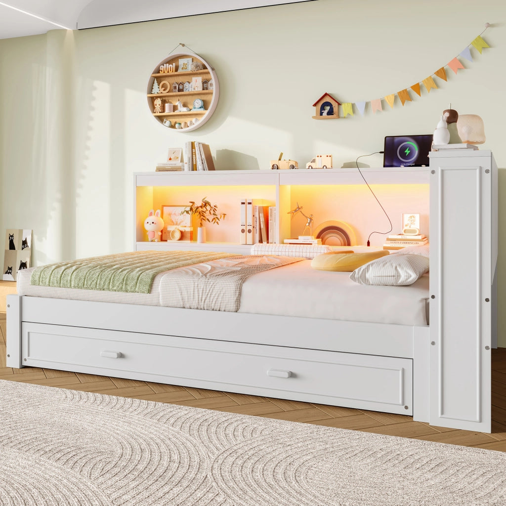Letto estraibile singolo 90×200 cm con LED; presa; USB; Type-C e ripiani; senza materasso; bianco