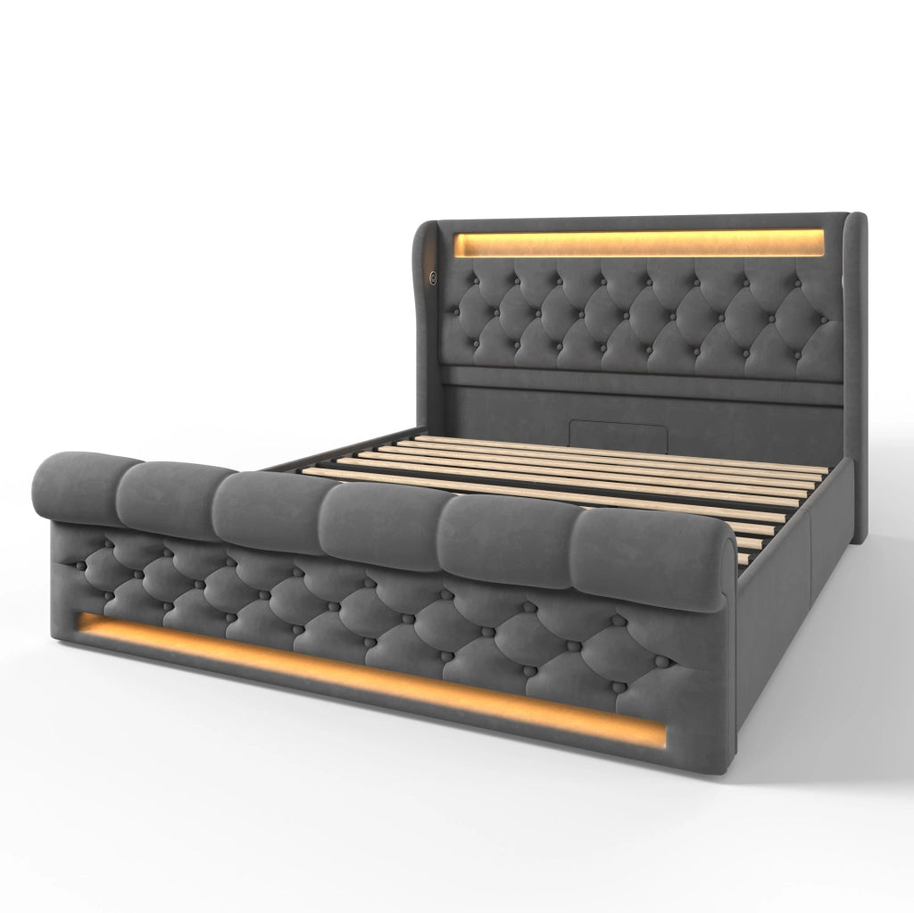 Letto matrimoniale in velluto con LED, ricarica USB e Tipo C, contenitore idraulico