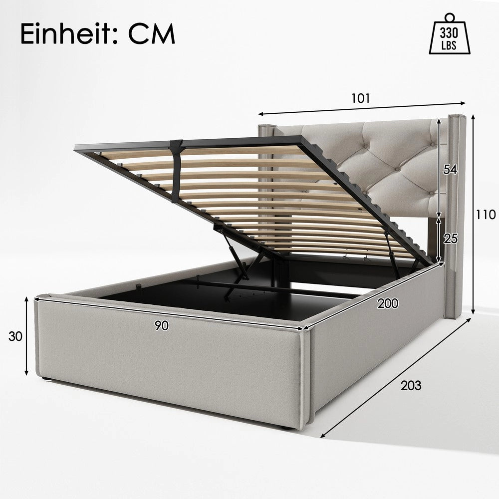 Letto Singolo Contenitore Imbottito ¨C MINIMAL ¨C Grigio Chiaro, 90x200, Rete a Doghe, Metallo