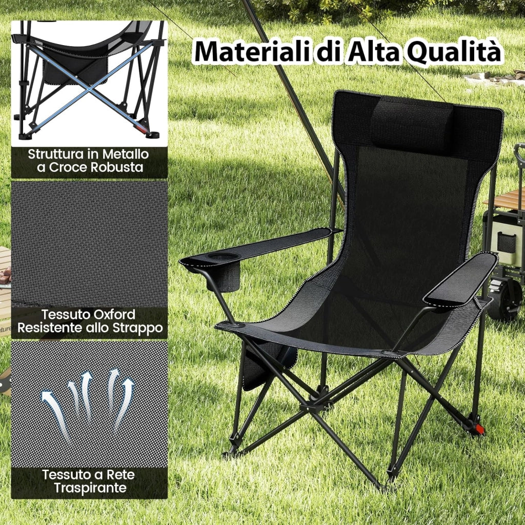 Sedia da Campeggio con Poggiapiedi Rimovibile, Poltrona Pieghevole con Schinale Reclinabile, Braccioli e Portabicchieri, Portata 150 kg, Sdraio in Testtuto Oxford per Giardino Spiaggia(Grigio)