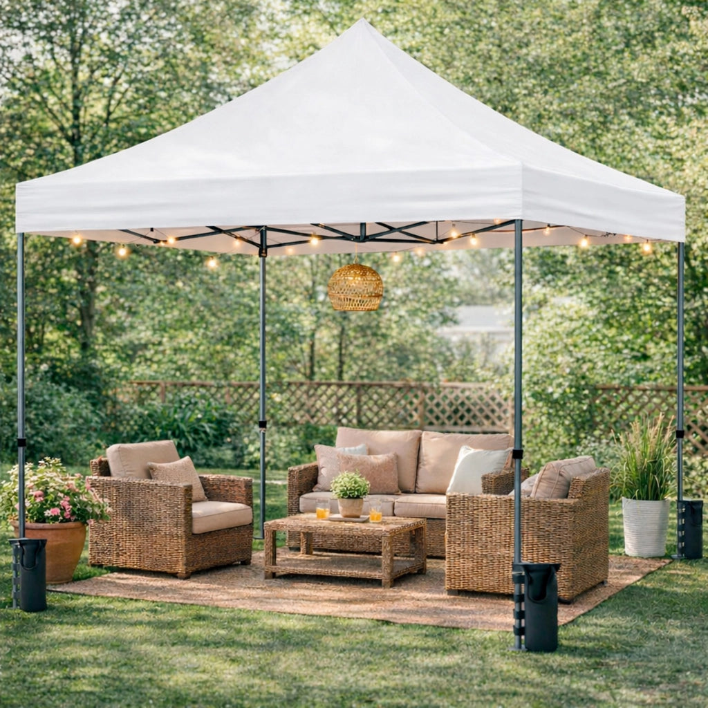 Gazebo Professionale Automatico Richiudibile In Acciaio Con Telo Oxford 1200D PVC Impermeabile E Anti UV Struttura A Fisarmonica Con Borsa Trasporto E Sacche Zavorra Per Sagre Feste Eventi 3x3 M Bianco