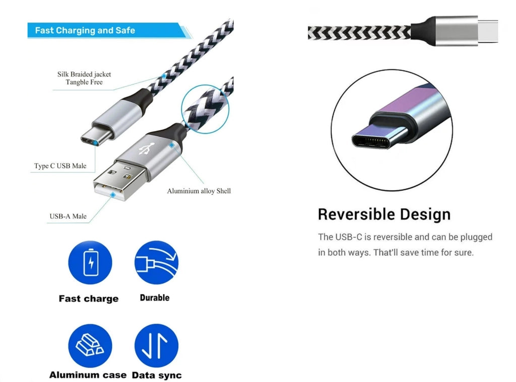 Cavo USB type-C 1Mt 2 Pezzi 3A Ricarica Rapida Nylon Intrecciato compatibile con gli smartphone tablet PC