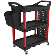 Carrello portautensili a 3 livelli con pannelli forati, ganci e contenitori per attrezzi, nero e rosso