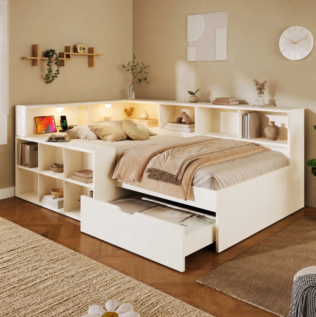 Letto singolo 90x200 cm con cassetti; ripiani; luci e porte USB Type-C; bianco